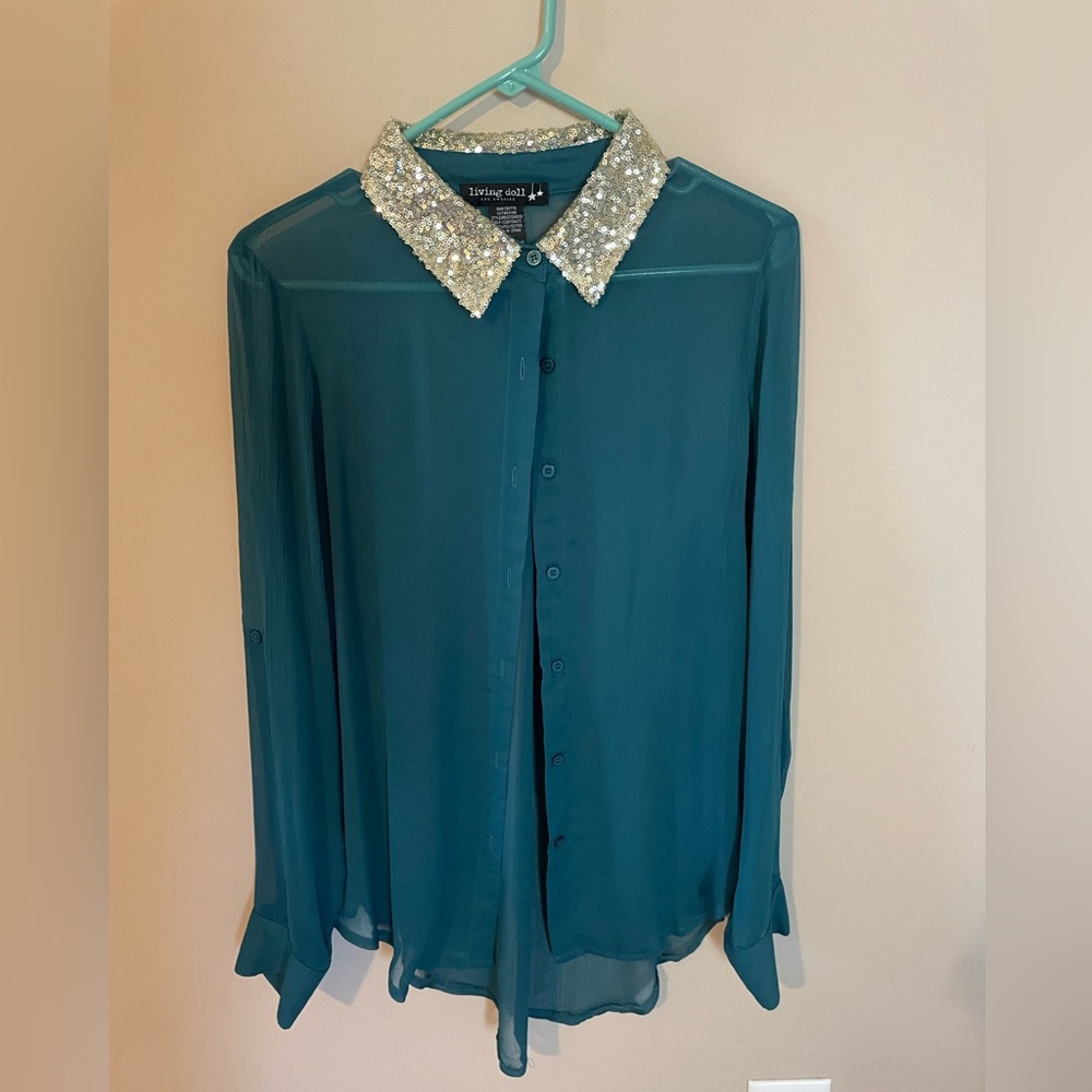 Green/blue sheer blouse with gold sequins.